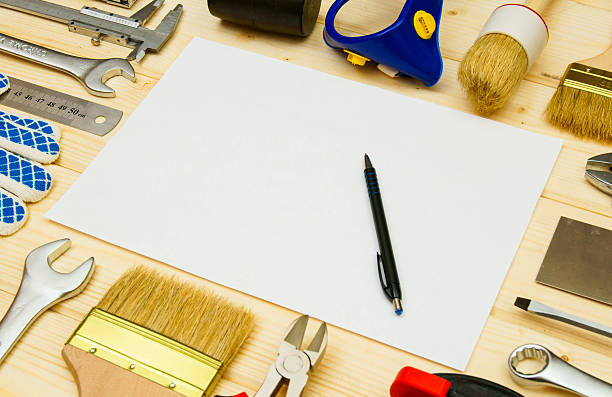 istock Paper for notes and set of working tools on wooden 469212278