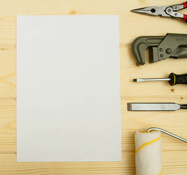 istock Paper for notes and set of working tools on wooden 469212282