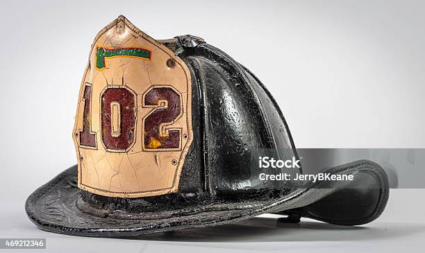 Antique Leather Fire Helmet From New York City Stock Photo - Download Image Now - Firefighter's Helmet, Fire Department of the City of New York, Work Helmet