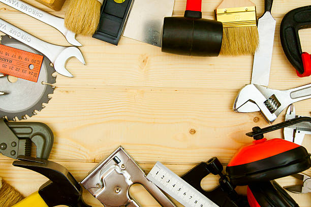istock The different working tools (plane, saw, mallet, stapler and others 469212706