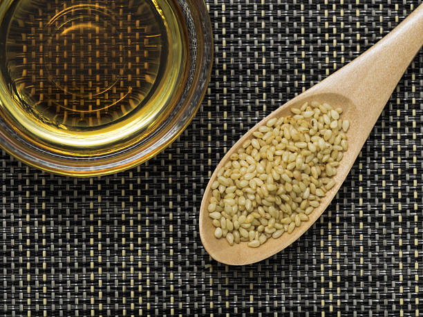 Sesame oil and sesame for healthy life stock photo
