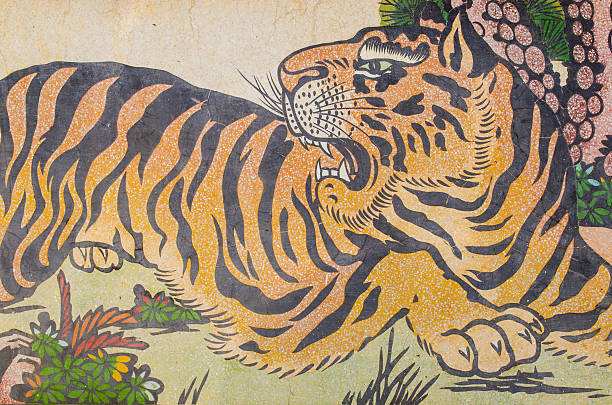 tiger painting on granite wall in Chinese shrine