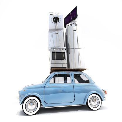 3D rendering of a small retro car carrying household electrical appliances