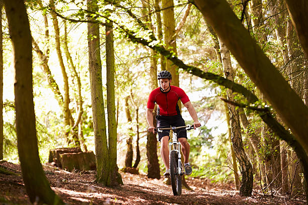 istock Man Riding Mountain Bike Through Woods 469222954