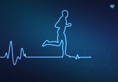 Runner-shaped blip on a medical heart monitor (ECG - electrocardiogram) with blue background and heart symbol.