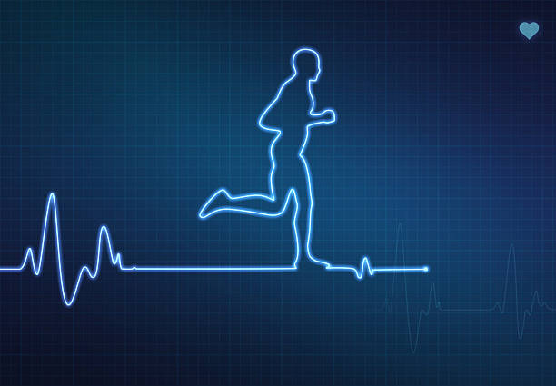 Running Healthy Heart Runner-shaped blip on a medical heart monitor (ECG - electrocardiogram) with blue background and heart symbol. taking pulse stock illustrations