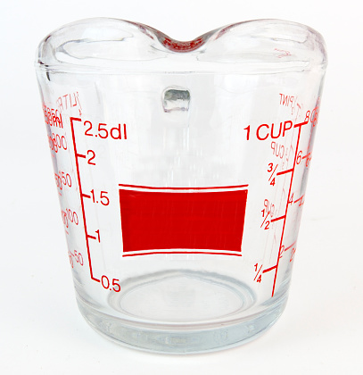 Glass measuring cup with US pint and cup and European liter units. Red lettering and handle. Front view.