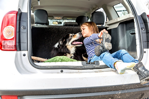 Six year old girl in boot of car with her dog