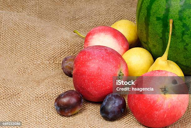 Fresh Fruit On On The Burlap Background Stock Photo - Download Image Now - 2015, Agriculture, Brown