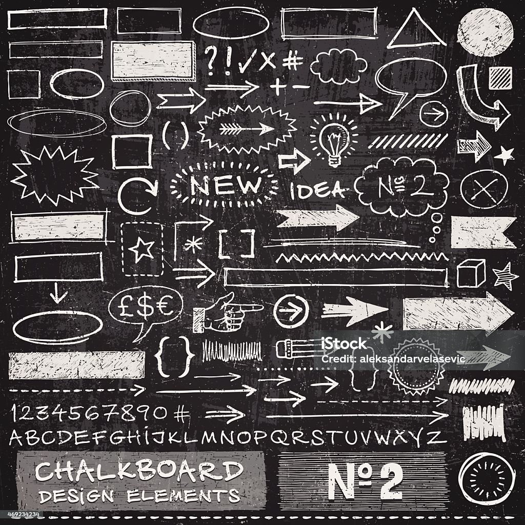 Chalkboard Design Elements Hand drawn arrows,frames,speech bubbles,alphabet and other design elements on chalkboard texture. EPS 10 file with transparencies.File is layered with global colors.Texture can be removed.More works like this linked below. Chalk Drawing stock vector