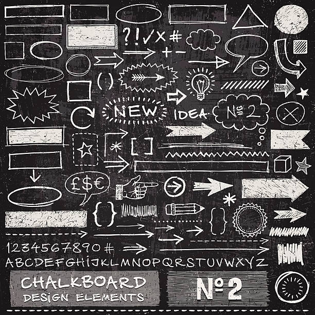 Chalkboard Design Elements Hand drawn arrows,frames,speech bubbles,alphabet and other design elements on chalkboard texture. EPS 10 file with transparencies.File is layered with global colors.Texture can be removed.More works like this linked below. chalkboard visual aid illustrations stock illustrations