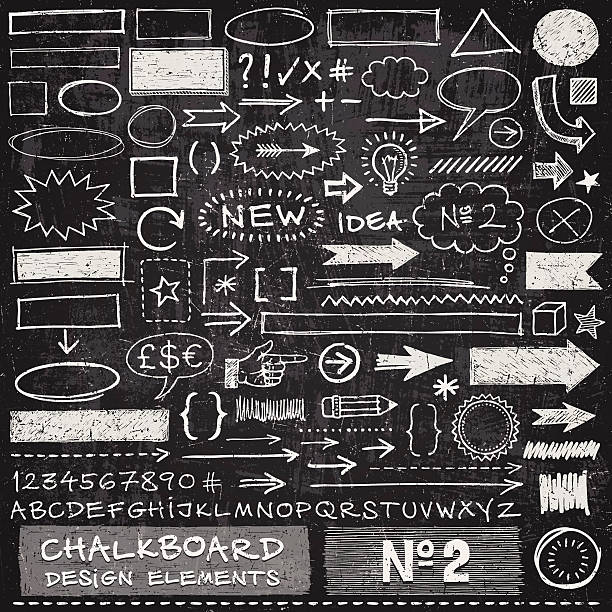 Chalkboard Design Elements Hand drawn arrows,frames,speech bubbles,alphabet and other design elements on chalkboard texture. EPS 10 file with transparencies.File is layered with global colors.Texture can be removed.More works like this linked below. alphabet borders stock illustrations