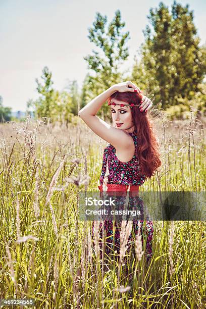 Beautiful Hippie Girl With Rose Headband Stock Photo - Download Image Now - 2015, Adult, Adults Only