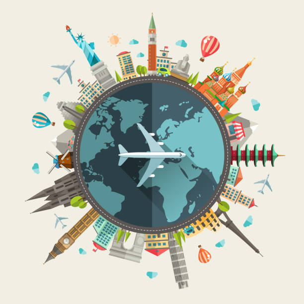 일러스트레이션 평편 디자인식 여행 컴포지션, 유명한 세계적 명소 - 여행 목적지 stock illustrations