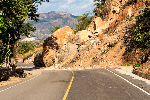 Landslide in the middle of the Longitudinal del Norte road in El Salvador, Central America