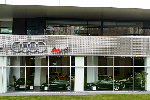 Istanbul, Turkey - March 17, 2015: Audi luxury car dealership in Istanbul, Turkey with various Audi models inside.