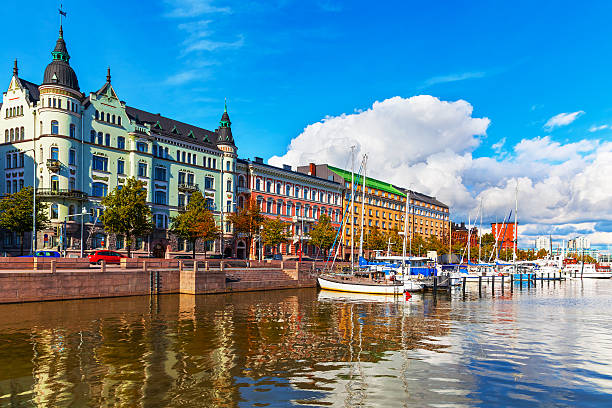 Old Town pier in Helsinki, Finland Scenic summer view of the Old Port pier architecture with ships, yachts and other boats in the Old Town of Helsinki, Finland finland stock pictures, royalty-free photos & images