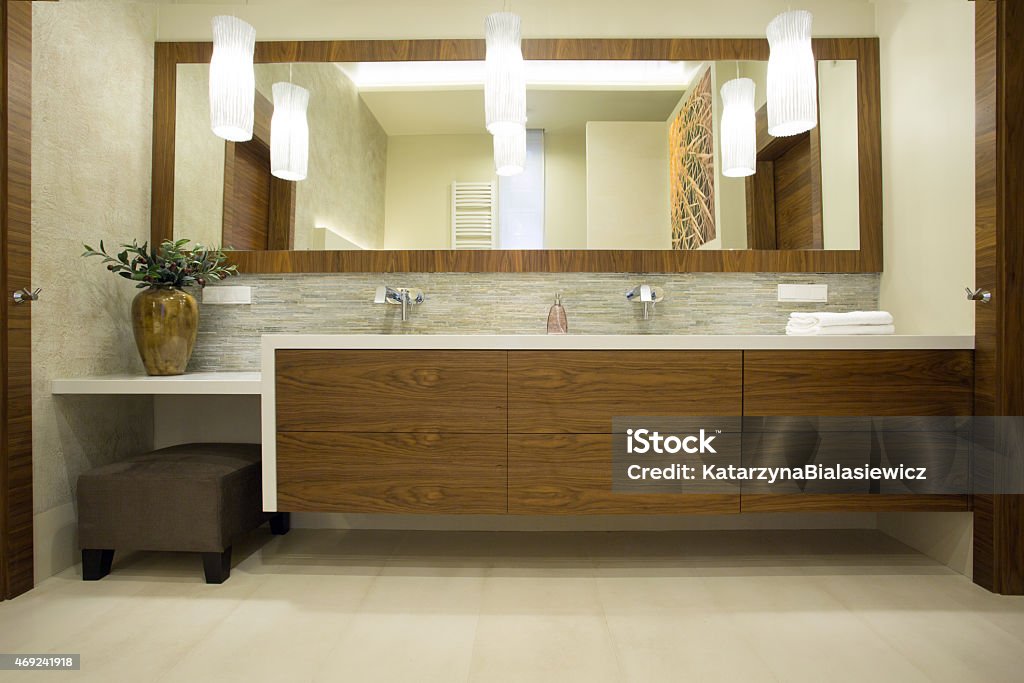 Modern design of units Image of modern design of wooden bathroom units 2015 Stock Photo