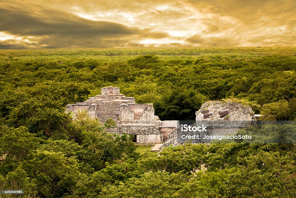 Ek Balam view from top of the Acropolis Mayan archeological site of Ek Balam (black jaguar) surrounded by jungle in Yucatan, Mexico Mexico Stock Photo