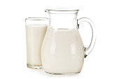 Glass and pitcher filled with milk.