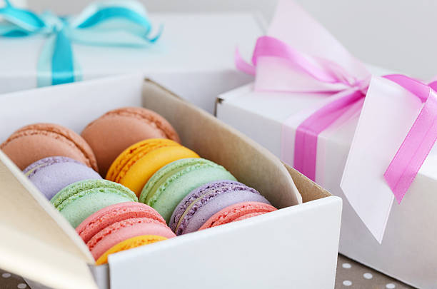 istock Set of macaroon and gift boxes with ribbon and bow 469246778