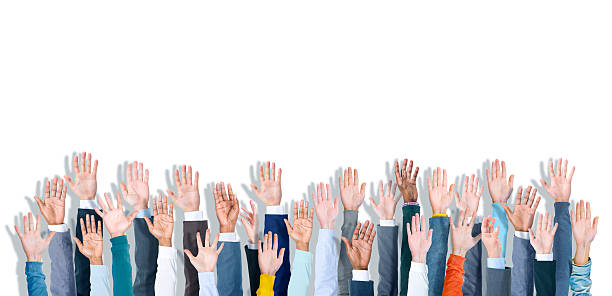 istock Group Of Multi-Ethnic People's Arms Outstretched In A White Back 469249706