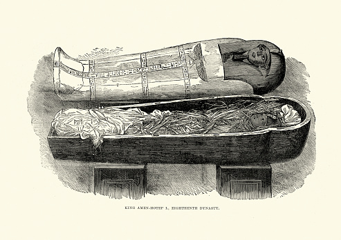 Vintage engraving of an Ancient Egyptian Artefact the Mummy of Pharaoh Amenhotep I. Amenhotep I was the second Pharaoh of the 18th dynasty of Egypt. His reign is generally dated from 1526 to 1506 BC. He was a son of Ahmose I and Ahmose-Nefertari. The London Illustrated News, 1882