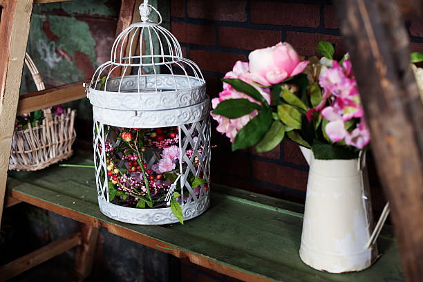 basket with artificial flowers, beautiful Provence stock photo