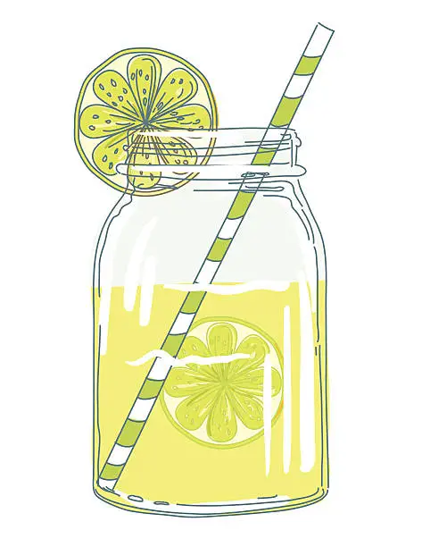 Vector illustration of Summer Hand Drawn Mason Jars With Citrus Slices And Lemonade