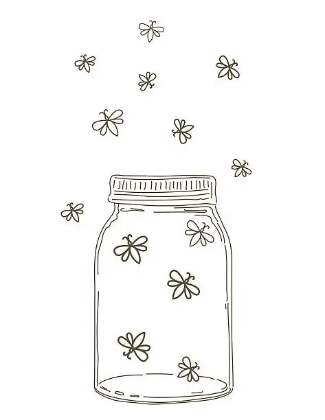 Vector illustration of Summer Hand Drawn Mason Jars With Fireflies