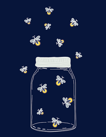 Sketchy hand drawn mason jar with Fireflies At Night