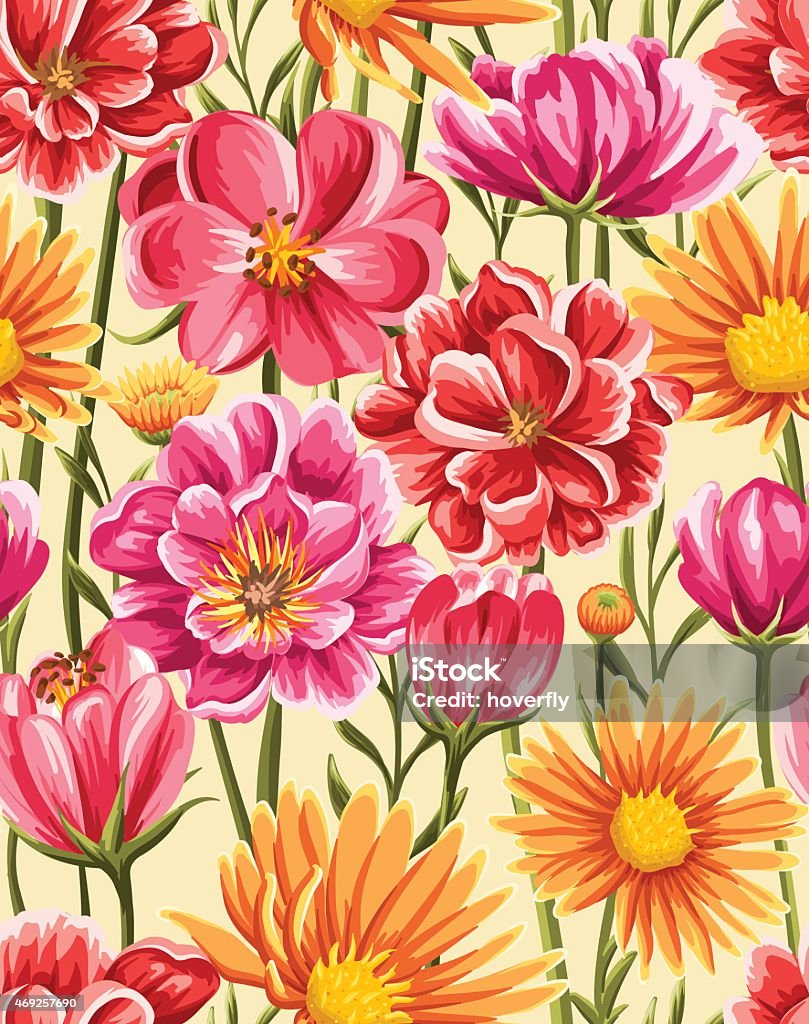 Seamless floral pattern in red, orange and pink Bright and colorful seamless pattern with different flowers in watercolor style 2015 stock vector