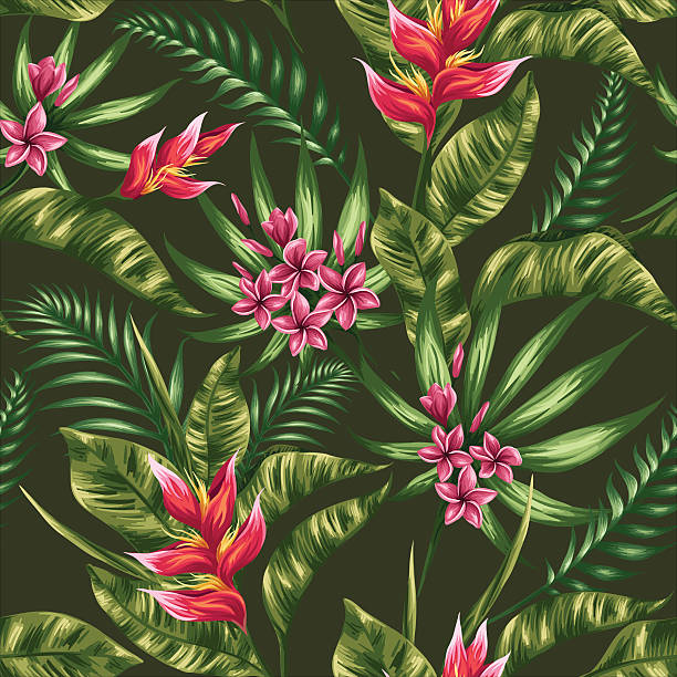 Floral seamless pattern Tropical floral seamless pattern with plumeria and heliconia flowers in watercolor style heliconia stock illustrations