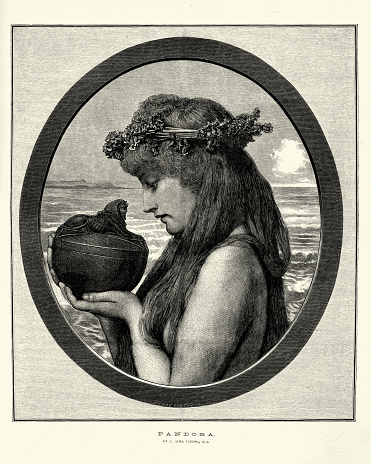 Vintage engraving of Pandora nad her box after Lawrence Alma-Tadema. In Greek mythology, Pandora was the first human woman created by the gods, specifically by Hephaestus and Athena on the instructions of Zeus. According to the myth, Pandora opened a jar (pithos), in modern accounts sometimes mistranslated as Pandora's box, releasing all the evils of humanity. The London Illustrated News, 1882