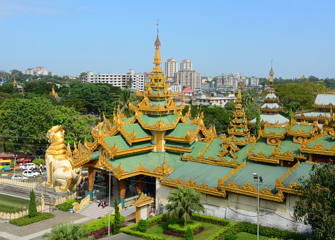 Beautiful gold temple pavilion encircling the main pagoda of Shwedagon, Yangon, Myanmar.