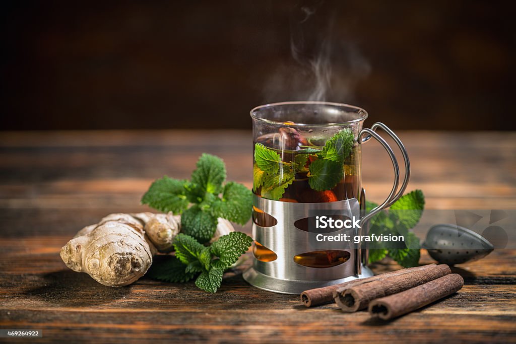 Cup of herbal tea Cup of herbal tea with fresh mint on wooden table 2015 Stock Photo