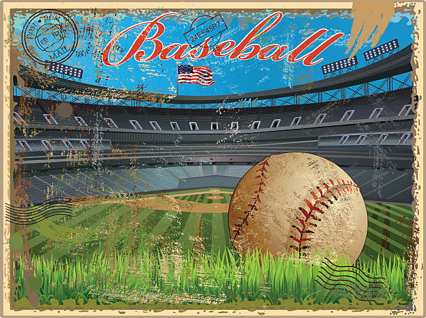 Baseball stadium and ball in a vintage postcard Baseball vintage ball. Retro postcard.Baseball ball diamond with green grass and USA Flag baseball stadium chairs stock illustrations
