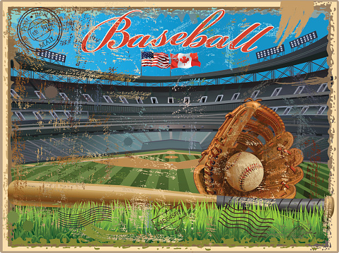 Baseball vintage ball, mitt, bat.  Retro postcard.Baseball ball diamond with green grass and USA & Canada Flag