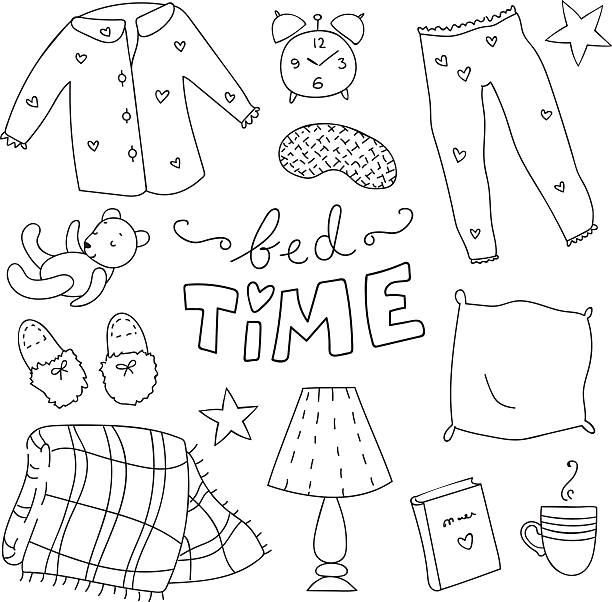 Bedtime Bedroom accessory in black and white bedroom clipart stock illustrations