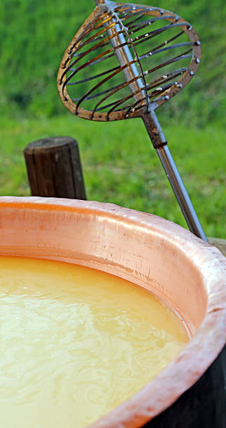panela de cobre com leite para queijo - caldierone imagens e fotografias de stock
