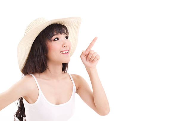 istock woman pointing looking up, white isolated background 469282926