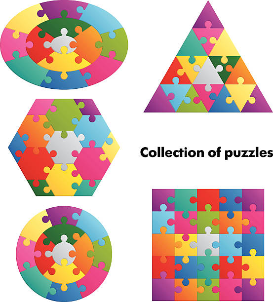 Collection of puzzles - 4 colorful figures Collection of puzzles. 4 colorful figures. Hexagon stock illustrations