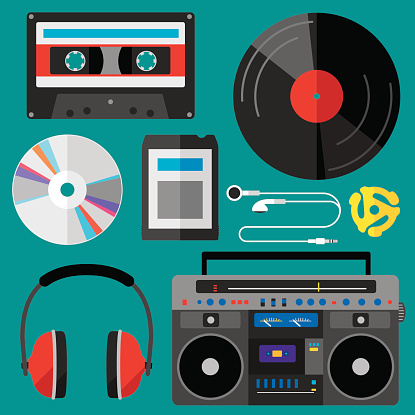 Vector illustration set of flat musical items. Includes: record, CD, boombox, headphones, cassette, 8-track tape, 45 spindle, and earbuds.