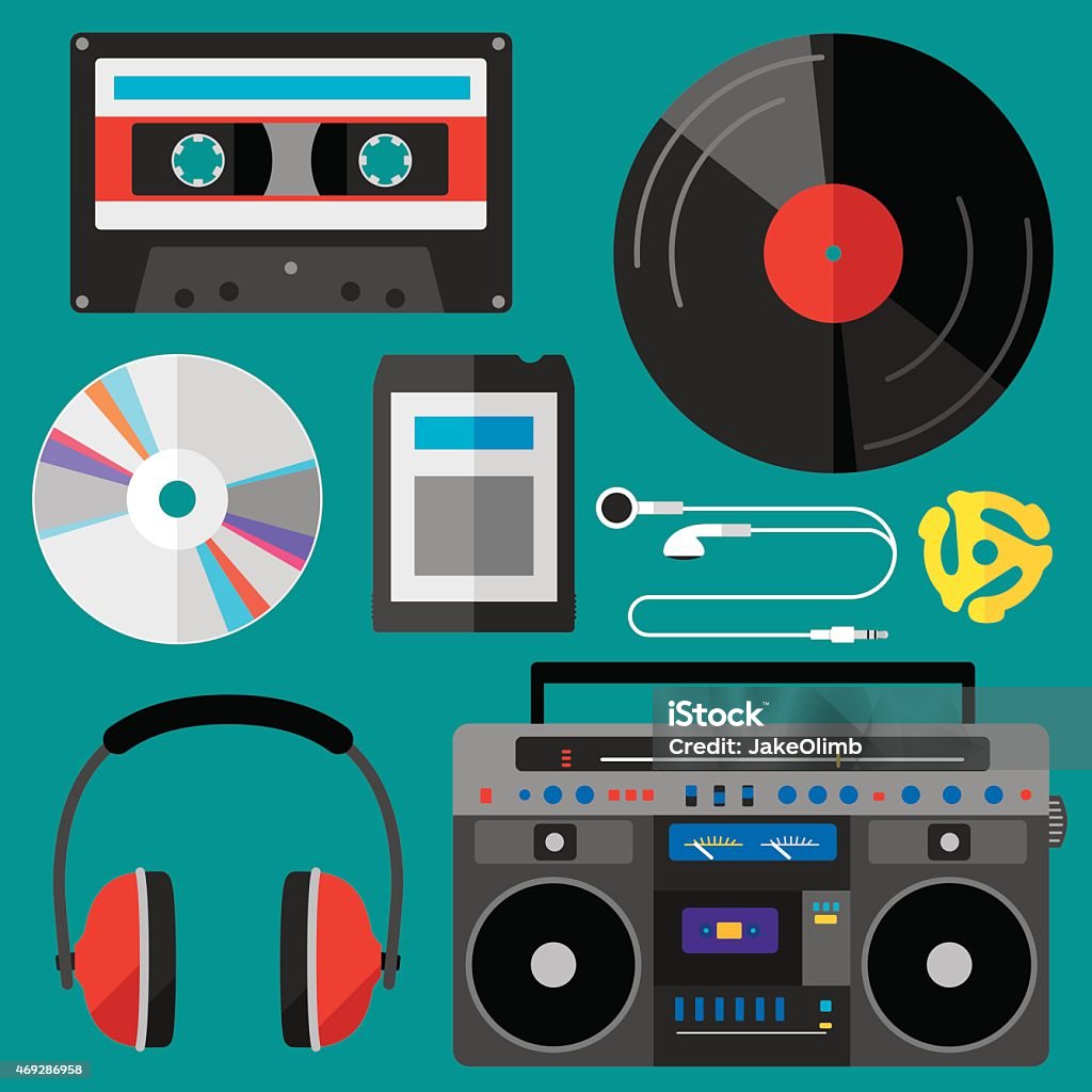 Music Icons Flat Vector illustration set of flat musical items. Includes: record, CD, boombox, headphones, cassette, 8-track tape, 45 spindle, and earbuds. Music stock vector