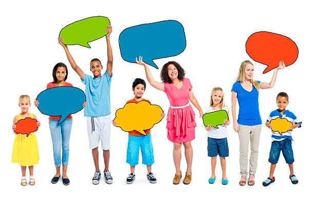 istock Casual People Holding Colorful Speech Bubbles 469287152
