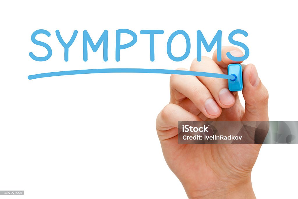 Symptoms Blue Marker Hand writing Symptoms with blue marker on transparent wipe board. Symptom Stock Photo