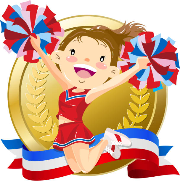 Cheerleader jumping in front of golden medal Little girl cheerleader jumping in front of golden medal with banner. pep rally stock illustrations