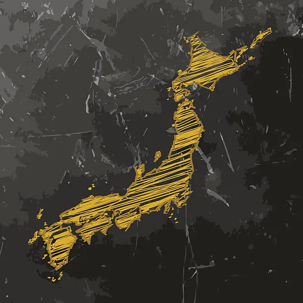 Vector illustration of Japan Map yellow sketched on dark chalkboard background