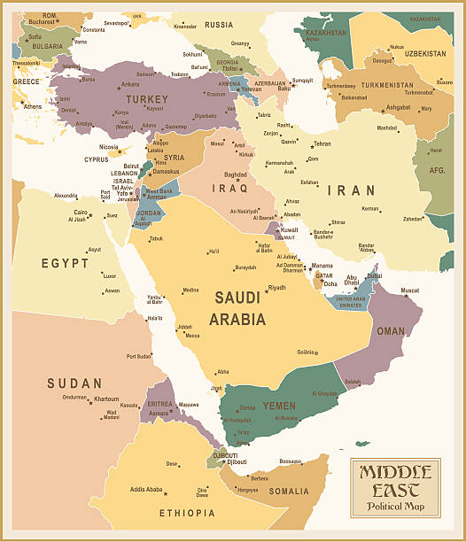 ilustrações de stock, clip art, desenhos animados e ícones de vintage mapa do médio oriente - iran vector saudi arabia kuwait