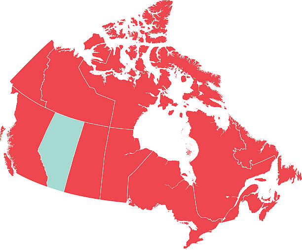 ilustrações de stock, clip art, desenhos animados e ícones de vermelho mapa de canadá com alberta isolado em azul - alberta map canada cartography
